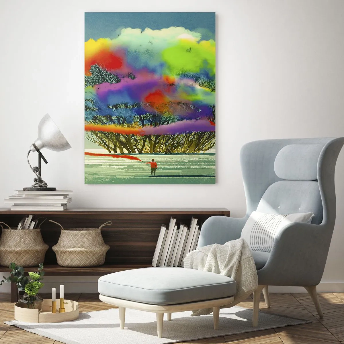 Impression sur verre - Image sur verre - Une explosion de fumée colorée sur fond d'arbre solitaire. - 50x70cm - Donner vie à ce monde - Décoration murale moderne pour le salon et la chambre ARTTOR
