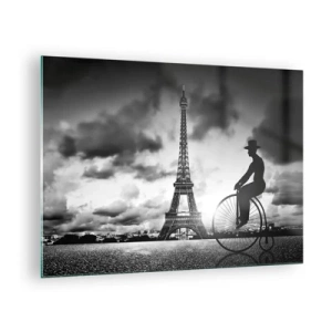 Impression sur verre - Image sur verre - Tour Eiffel avec vélo rétro en noir et blanc - 70x50cm - Nostalgie de la Belle Epoque - Décoration murale moderne pour le salon et la chambre ARTTOR