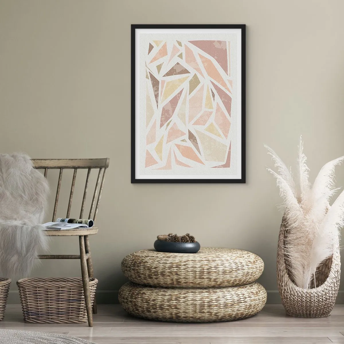 Affiche dans un cadre noir - Poster - Abstraction géométrique dans des tons pastel - 50x70cm - Composition de vitraux - Décoration murale moderne pour le salon et la chambre ARTTOR