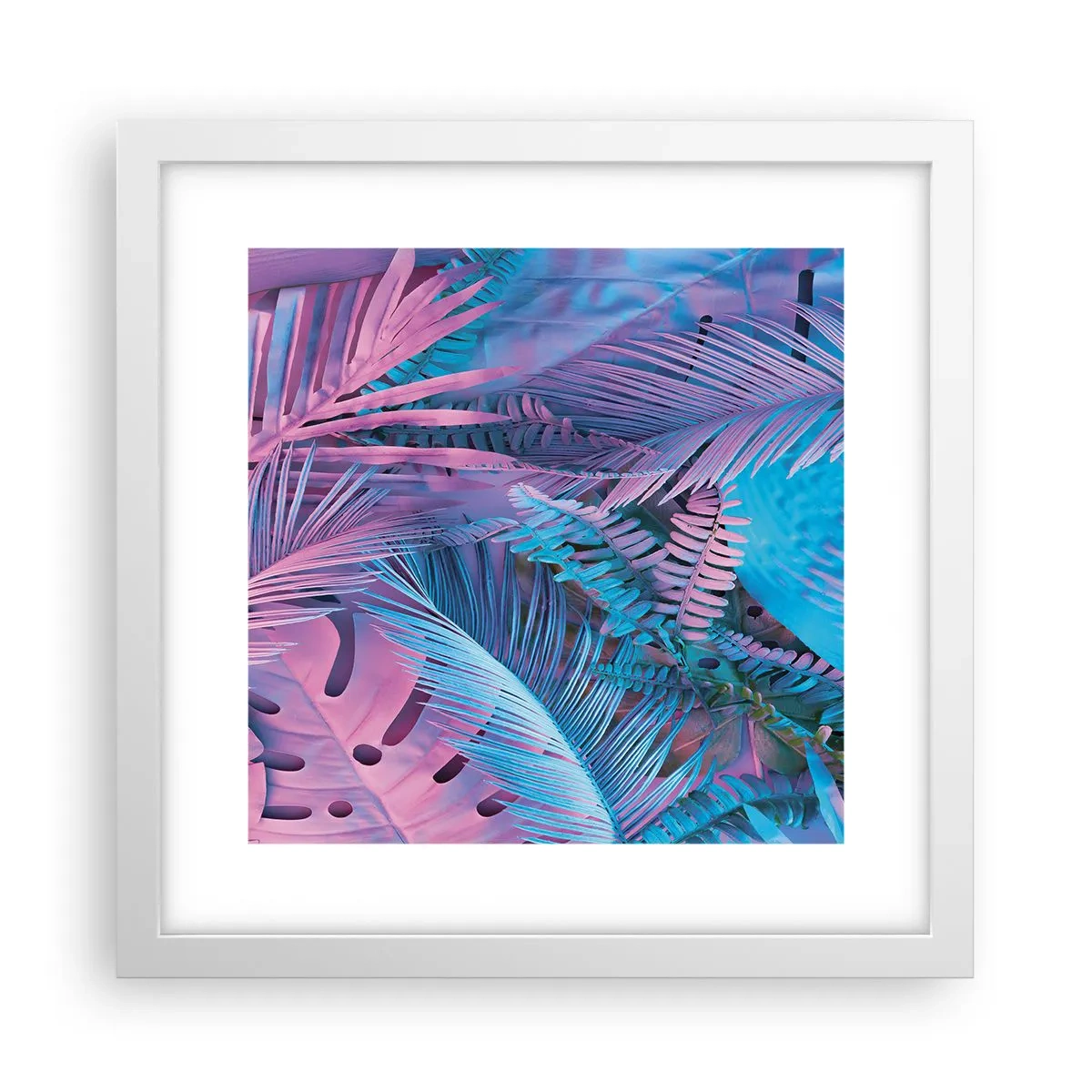 Affiche dans un cadre blanc - Poster - Les tropiques en rose et bleu - 30x30 cm