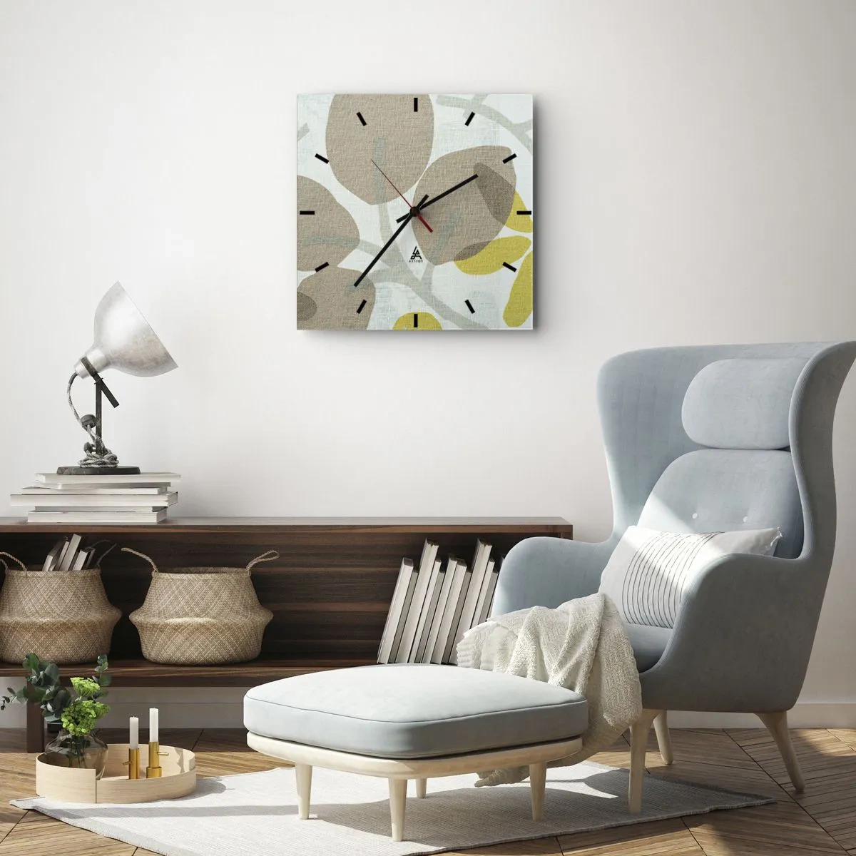 Horloge murale - Pendule murale - Feuilles abstraites dans les tons beige et jaune - 30x30cm - Composition en plein soleil - Décoration murale moderne pour le salon et la chambre ARTTOR