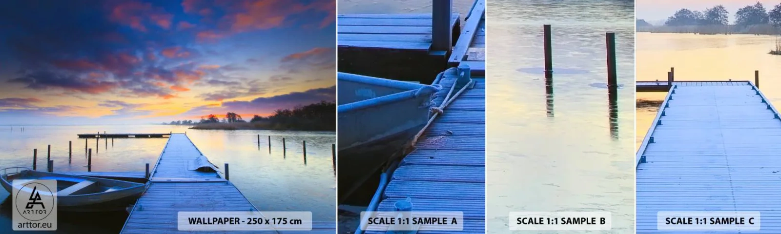 Échantillon De Papier Peint Standard Eco - Calme violet-doré - Paysage, Lac, Bateau - 100x30 cm