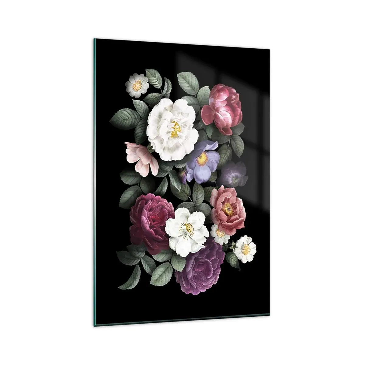 Impression sur verre - Image sur verre - Fleurs de différentes couleurs sur fond noir - 80x120cm - D'un jardin anglais - Décoration murale moderne pour le salon et la chambre ARTTOR