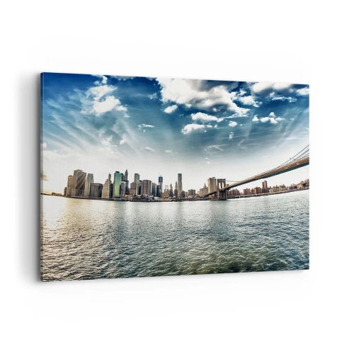 Impression sur toile - Image sur toile - Panorama de la ville avec un pont contre le ciel bleu - 100x70cm - L'île de verre - Décoration murale moderne pour le salon et la chambre ARTTOR
