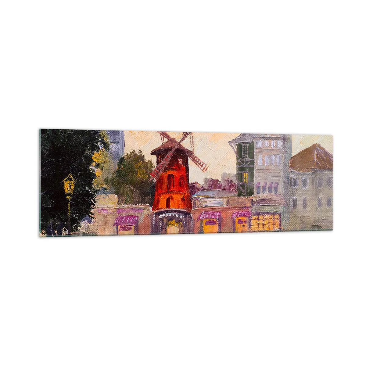 Impression sur verre - Image sur verre - Le moulin à vent rouge du Moulin Rouge entouré par le paysage urbain - 160x50cm - Icones parisiennes – le Moulin rouge - Décoration murale moderne pour le salon et la chambre ARTTOR