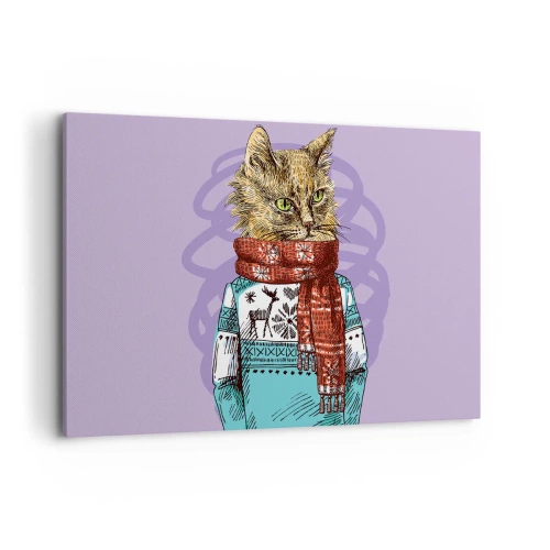 Impression sur toile - Image sur toile - Un chat en pull et écharpe sur fond violet - 120x80cm - Le chat, pas uniquement dans les chaussures - Décoration murale moderne pour le salon et la chambre ARTTOR