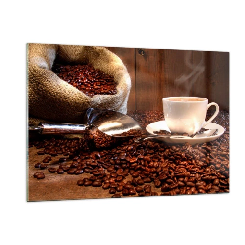 Impression sur verre - Image sur verre - Une tasse de café sur fond de haricots et d'un sac en jute - 120x80cm - Sentez-vous cette odeur? - Décoration murale moderne pour le salon et la chambre ARTTOR