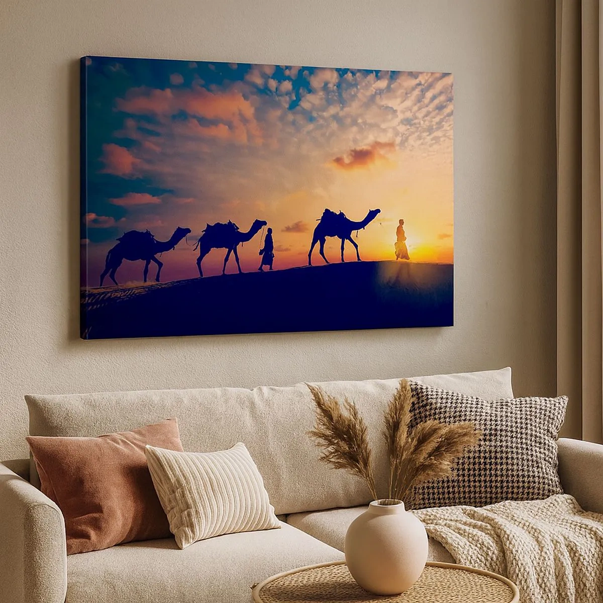 Impression sur toile - Image sur toile - Une caravane de chameaux errant dans le désert au coucher du soleil - 70x50cm - L'esprit mystérieux de l'Orient - Décoration murale moderne pour le salon et la chambre ARTTOR