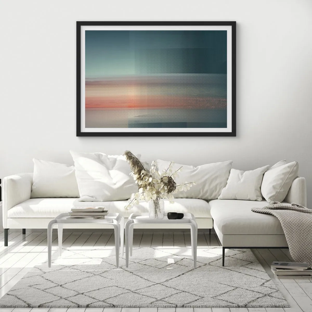 Affiche dans un cadre noir - Poster - Un coucher de soleil aux tons pastel sur un horizon calme - 70x50cm - Résumé : vagues de lumière - Décoration murale moderne pour le salon et la chambre ARTTOR