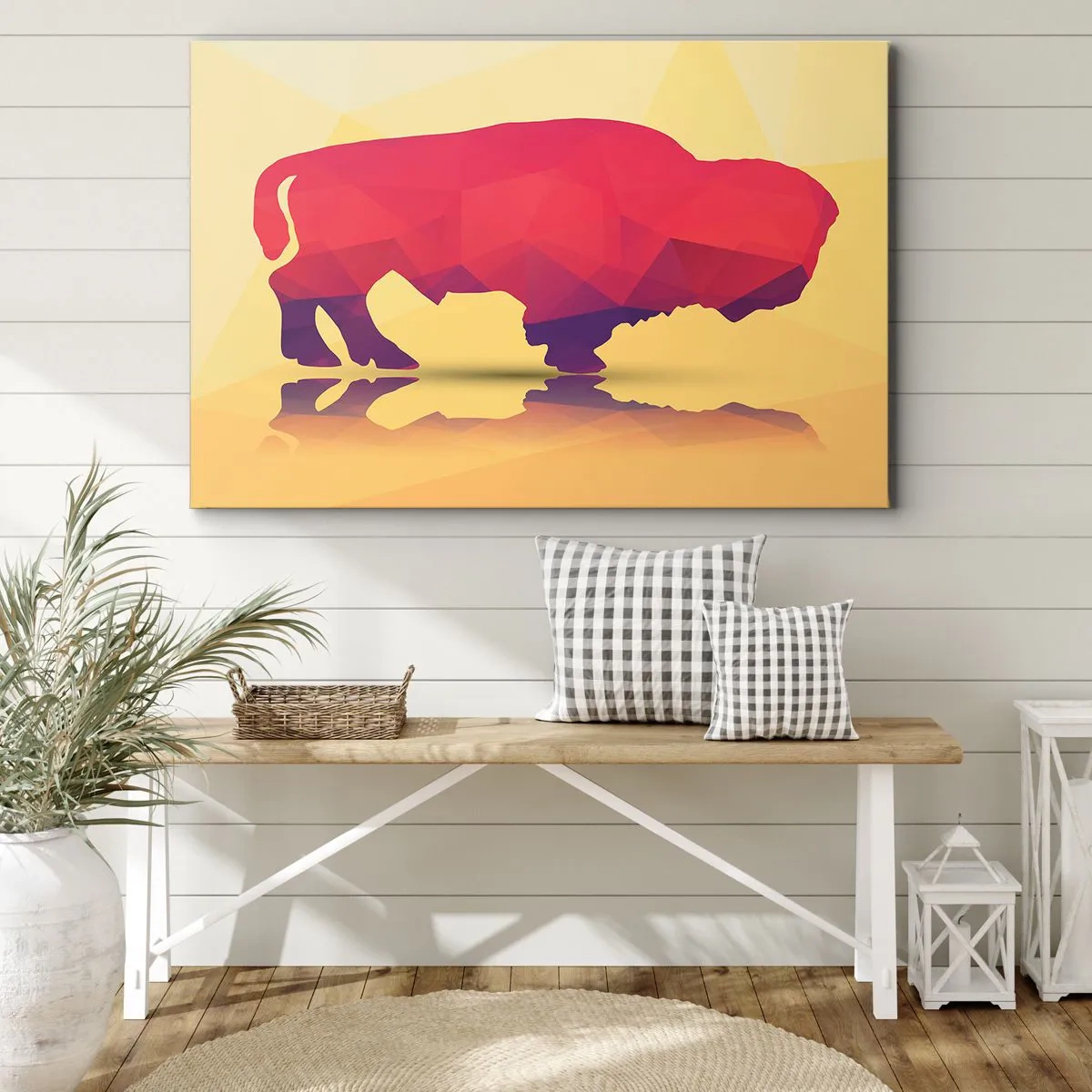 Impression sur toile - Image sur toile - Silhouette géométrique d'un bison dans les tons de rouge et de violet - 70x50cm - La force amarante du bison - Décoration murale moderne pour le salon et la chambre ARTTOR