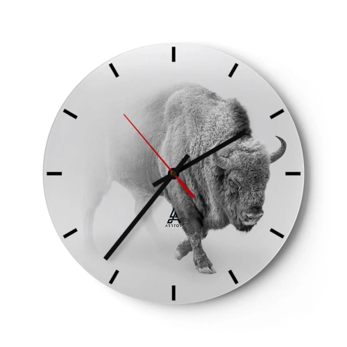 Horloge murale - Pendule murale - Illustration en noir et blanc d'un buffle sur un cadran d'horloge blanc - 30x30cm - Roi de la prairie - Décoration murale moderne pour le salon, la cuisine et la chambre ARTTOR