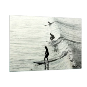 Impression sur verre - Image sur verre - Trois surfeurs surfant sur les vagues le matin - 120x80cm - A la rencontre de la vague - Décoration murale moderne pour le salon et la chambre ARTTOR