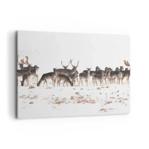 Impression sur toile - Image sur toile - Un troupeau de cerfs sur fond de neige - 100x70cm - Les fêtes approchent ? - Décoration murale moderne pour le salon et la chambre ARTTOR