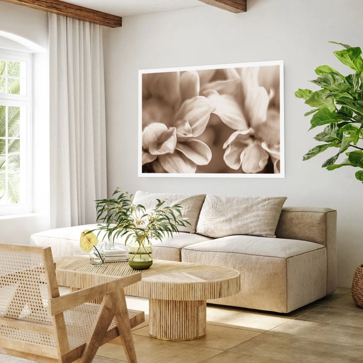 Affiche - Poster - Gros plan de fleurs dans un ton sépia délicat avec des contours doux - 100x70cm - Doux comme un sourire - Décoration murale moderne pour le salon et la chambre ARTTOR