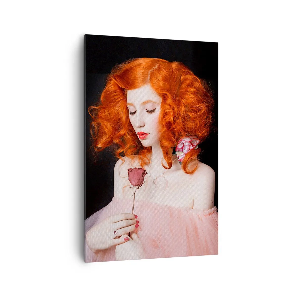 Impression sur toile - Image sur toile - Une femme aux cheveux roux tenant une rose - 80x120cm - De style baroque - Décoration murale moderne pour le salon et la chambre ARTTOR