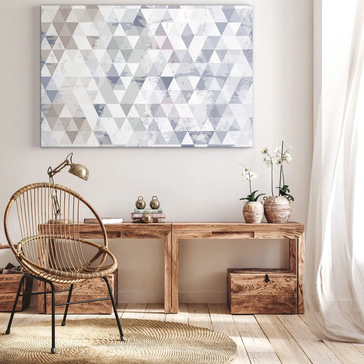 Impression sur toile - Image sur toile - Motif géométrique triangulaire dans des tons pastel - 70x50cm - En rythme de trois - Décoration murale moderne pour le salon et la chambre ARTTOR