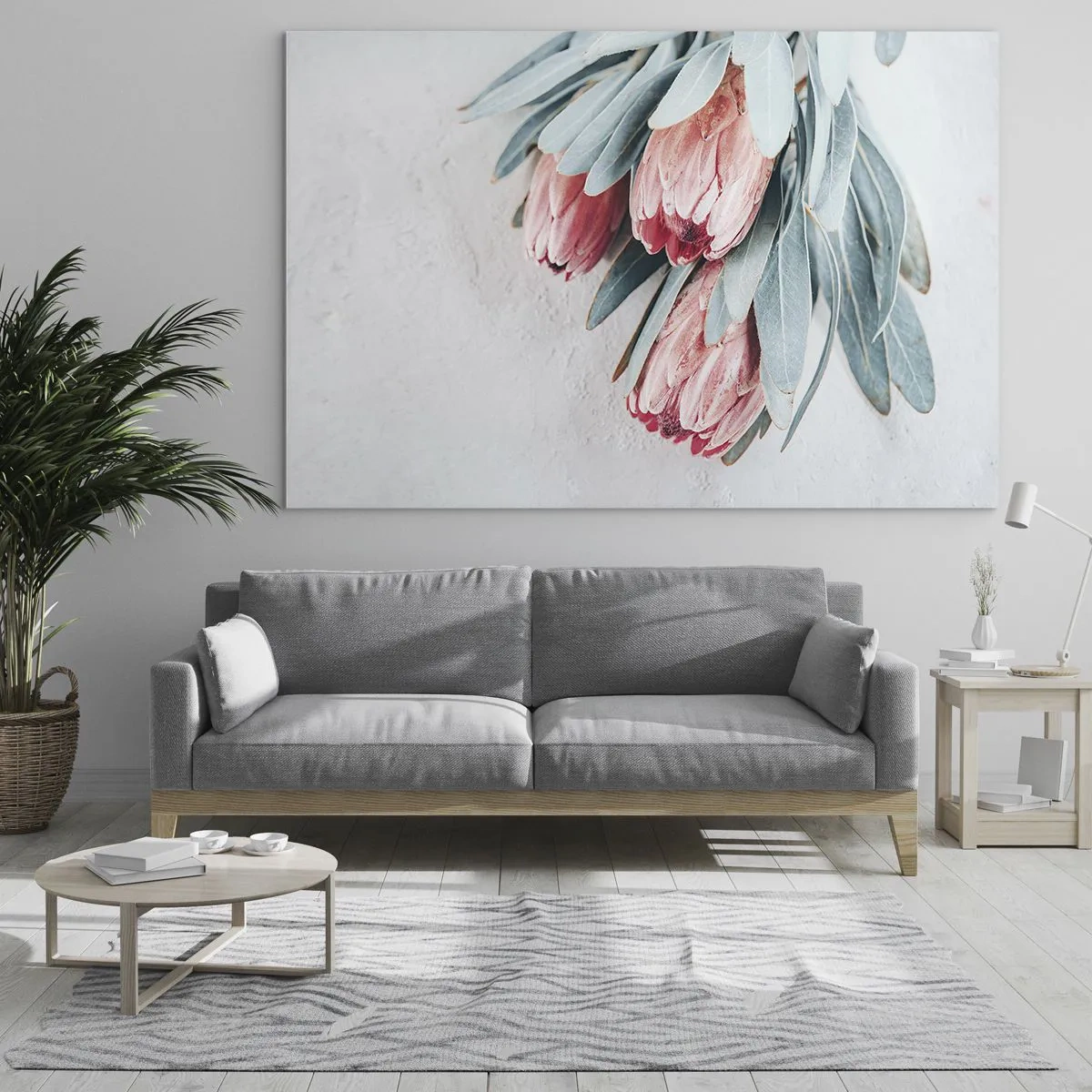 Impression sur verre - Image sur verre - Trois fleurs de protéa pastel avec des feuilles sur un fond clair - 70x50cm - Honte de leur propre beauté - Décoration murale moderne pour le salon et la chambre ARTTOR