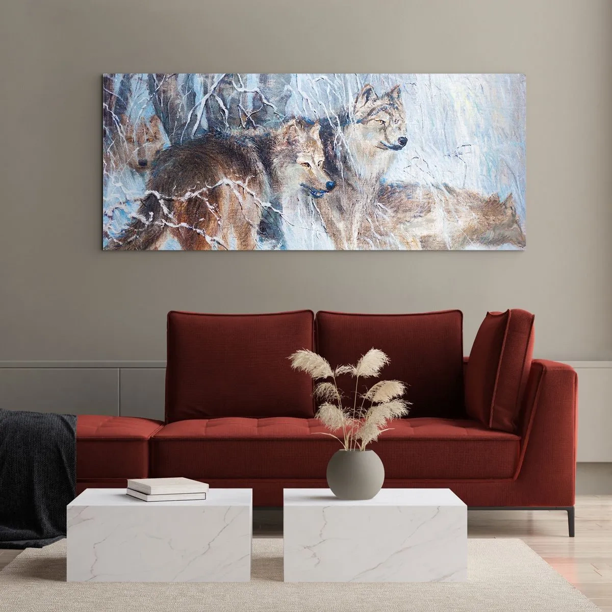 Impression sur verre - Image sur verre - Loups dans une forêt hivernale sur fond de neige - 160x50cm - Attention! Ca arrive ... - Décoration murale moderne pour le salon et la chambre ARTTOR