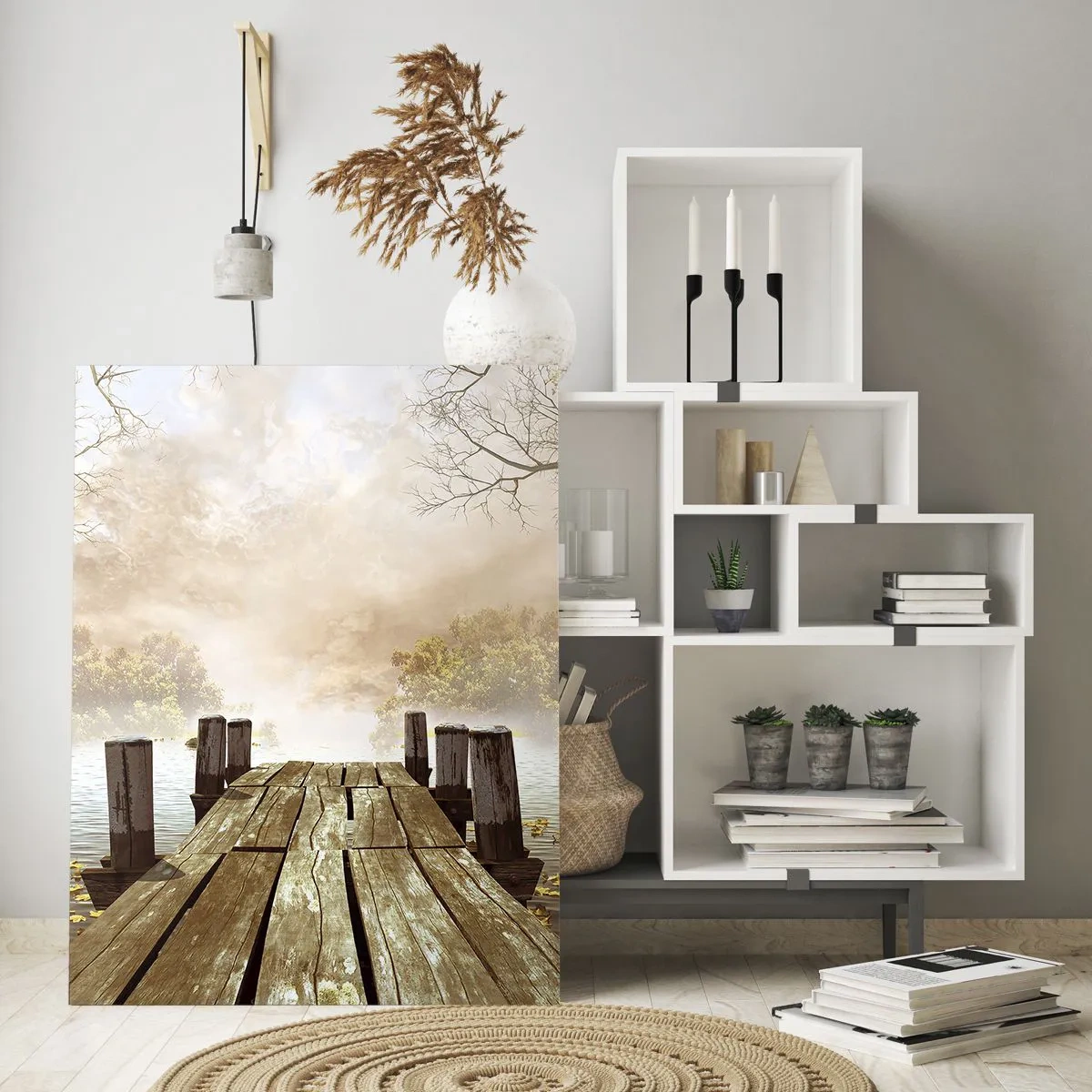 Impression sur verre - Image sur verre - Une jetée en bois sur un lac calme dans le brouillard - 50x70cm - La douce tristesse de l'automne - Décoration murale moderne pour le salon et la chambre ARTTOR