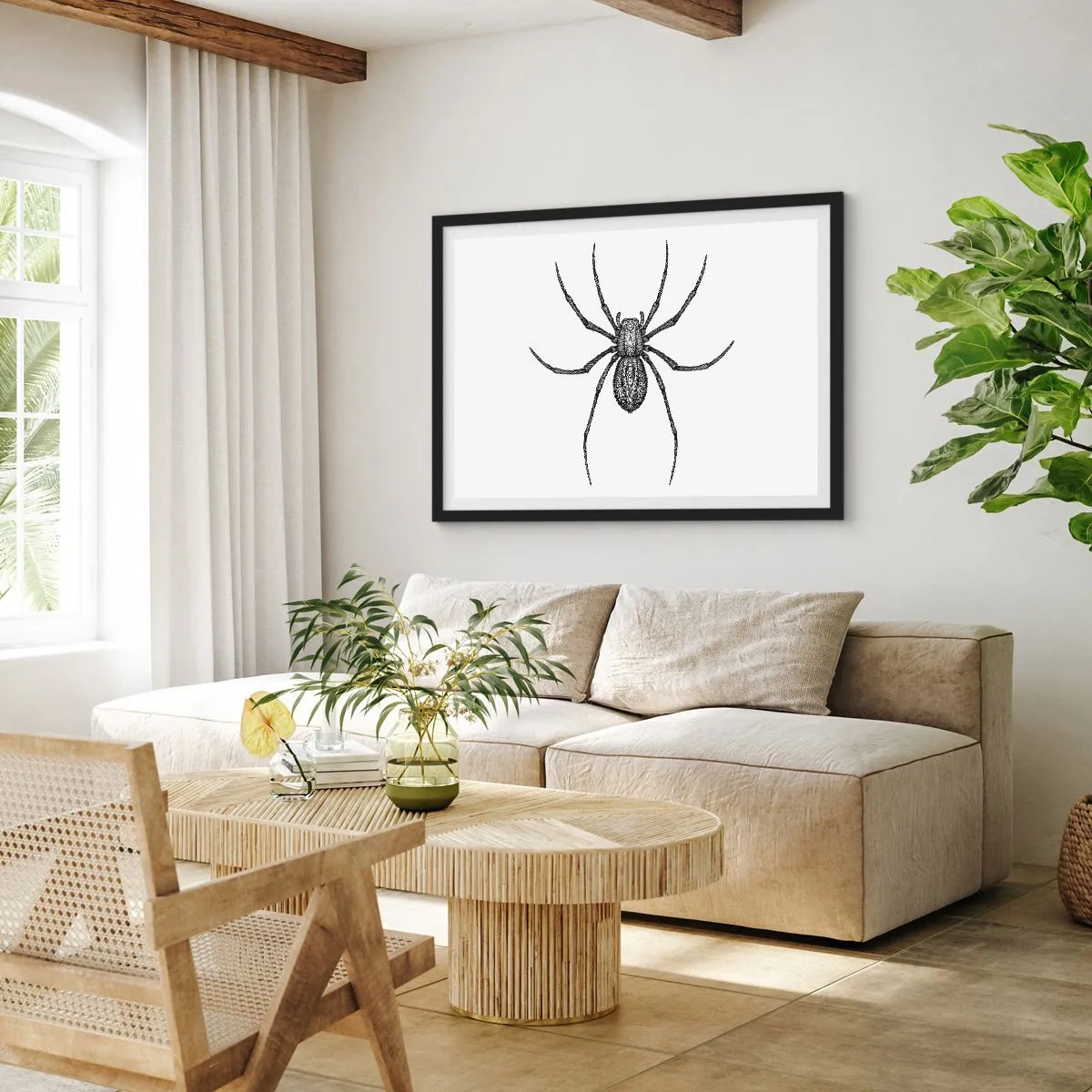 Affiche dans un cadre noir - Poster - Détail d'une araignée sur fond blanc dans un style dessin animé - 100x70cm - Une précision troublante - Décoration murale moderne pour le salon et la chambre ARTTOR