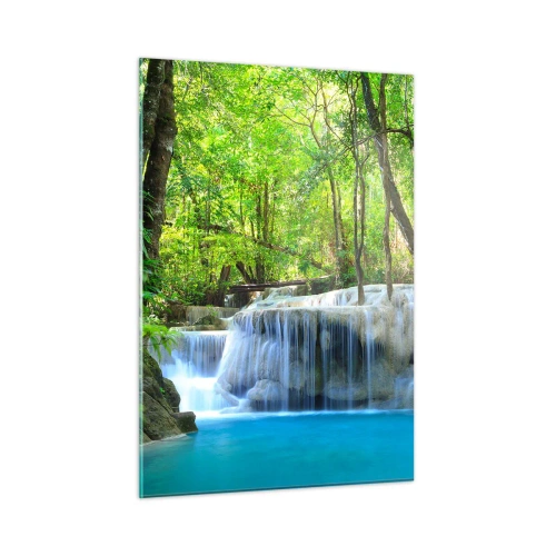 Impression sur verre - Image sur verre - Une cascade entourée d'arbres verts et d'eau bleue - 50x70cm - Se noyer dans le turquoise et le vert - Décoration murale moderne pour le salon et la chambre ARTTOR