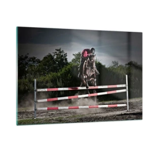 Impression sur verre - Image sur verre - Un cavalier sur un cheval saute par-dessus un obstacle avec la nature en arrière-plan - 120x80cm - Ensemble pour la victoire - Décoration murale moderne pour le salon et la chambre ARTTOR