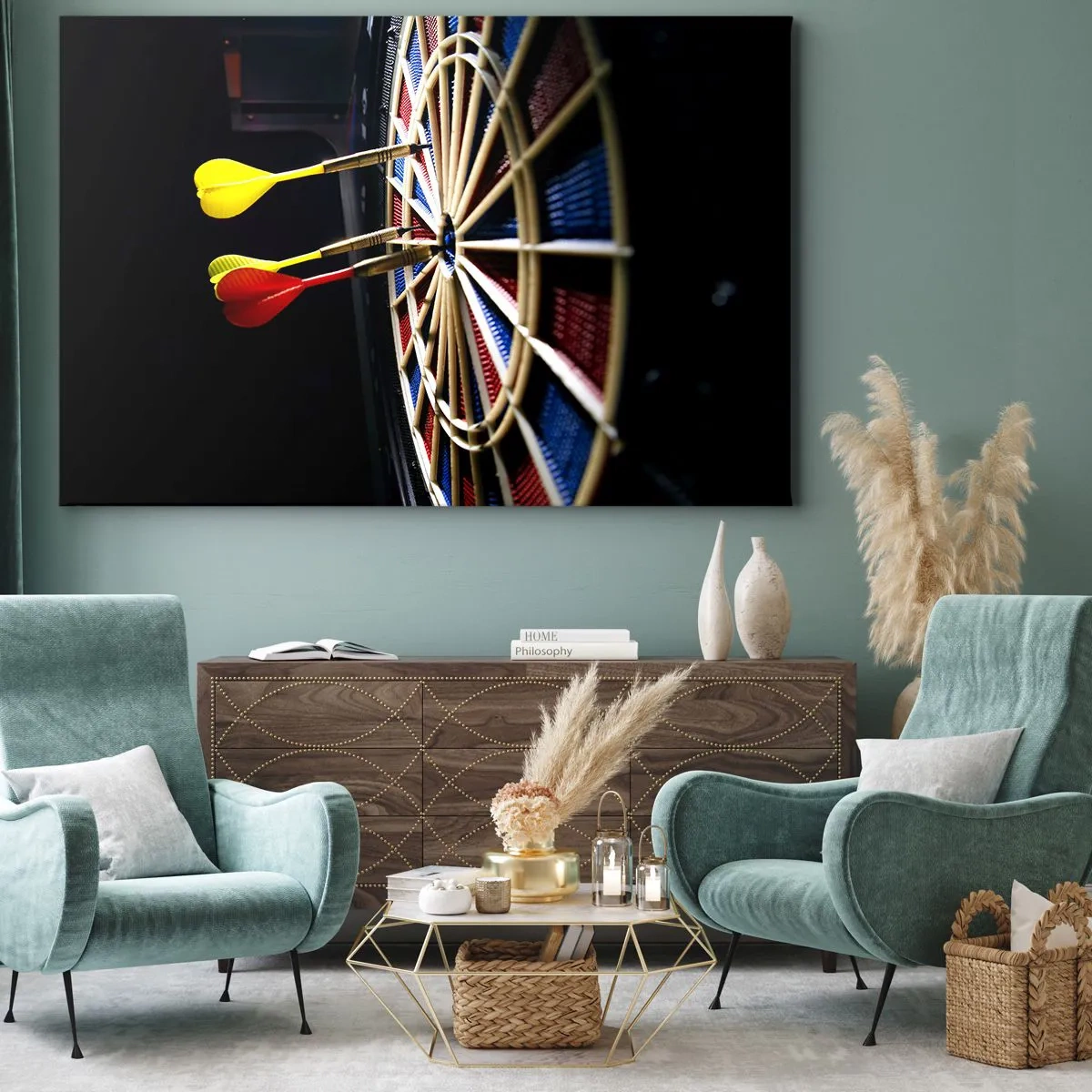 Impression sur toile - Image sur toile - Un jeu de fléchettes avec des fléchettes frappées sur un fond noir - 120x80cm - Droit au but - Décoration murale moderne pour le salon et la chambre ARTTOR