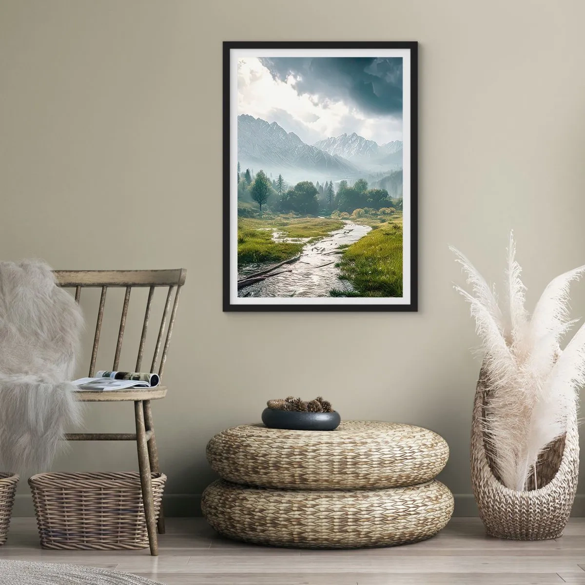 Affiche dans un cadre noir - Poster - Une vallée de montagne avec une rivière et des montagnes majestueuses en arrière-plan - 50x70cm - Aller et retour - Décoration murale moderne pour le salon et la chambre ARTTOR