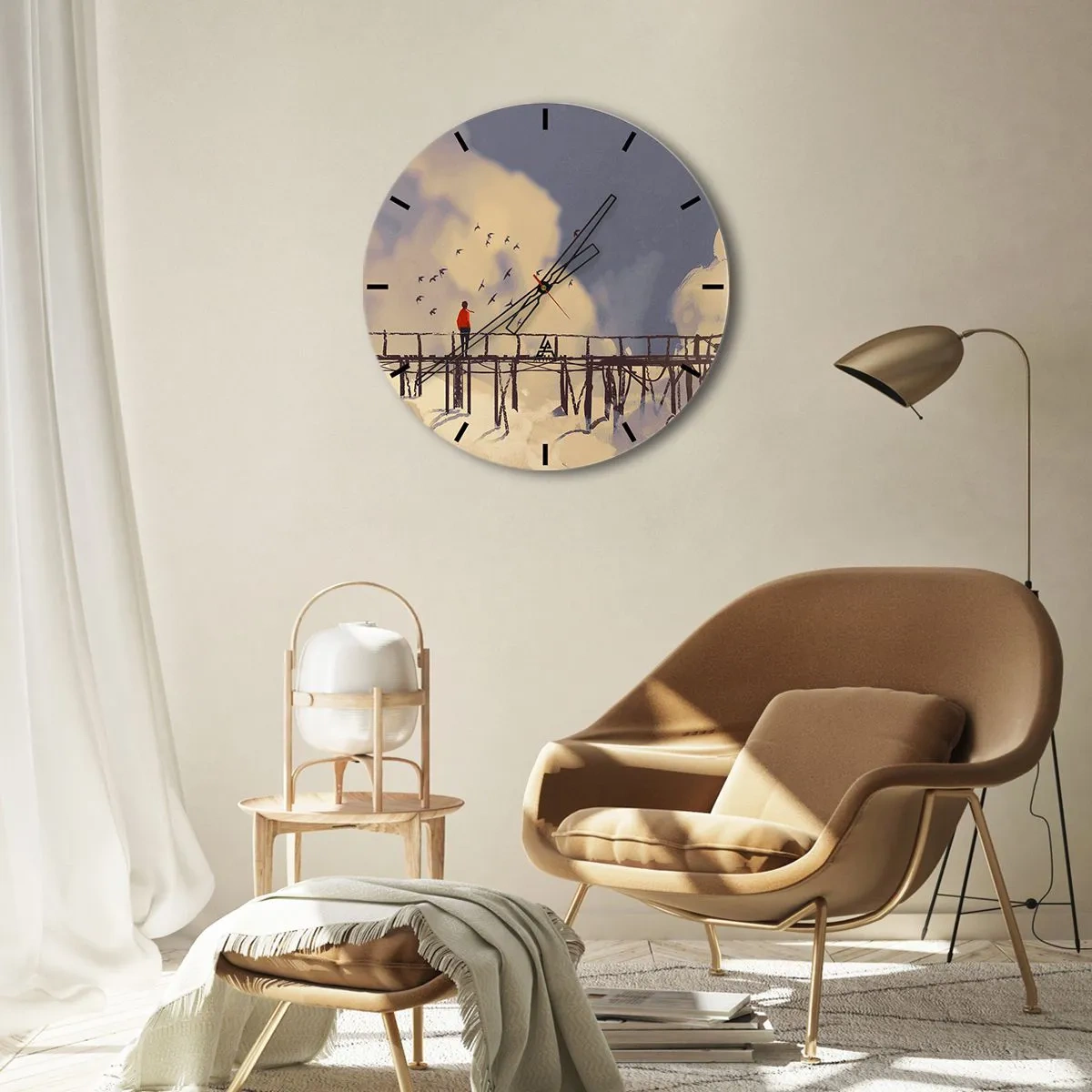 Horloge murale - Pendule murale - Une figure sur un pont avec des oiseaux sur fond de ciel et de nuages - 30x30cm - Bleu nostalgie - Décoration murale moderne pour le salon, la cuisine et la chambre ARTTOR