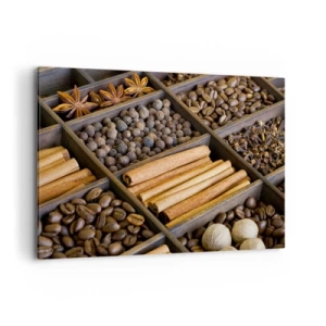 Impression sur toile - Image sur toile - Épices et café dans des compartiments en bois - 100x70cm - Trésor d'arômes - Décoration murale moderne pour le salon et la chambre ARTTOR