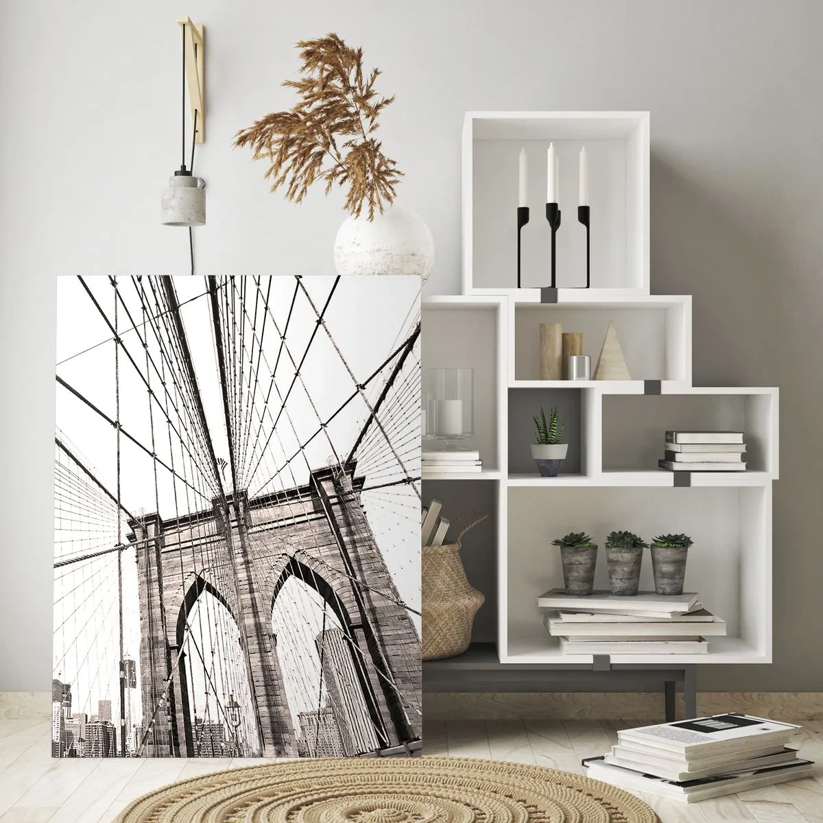 Impression sur verre - Image sur verre - Le pont de Brooklyn en monochrome - 70x100cm - Cathédrale New Yorkaise - Décoration murale moderne pour le salon et la chambre ARTTOR