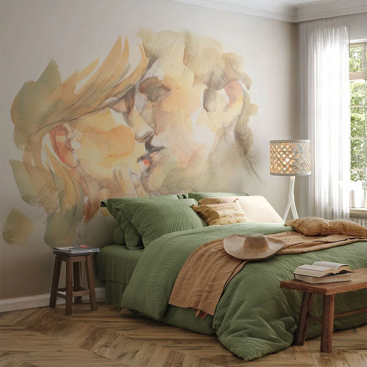 Papier Peint Photo Premium Canvas - Portrait romantique à l'aquarelle d'un couple s'embrassant - 100x70cm - A moitié trouvé ? - Décoration murale moderne pour le salon et la chambre ARTTOR