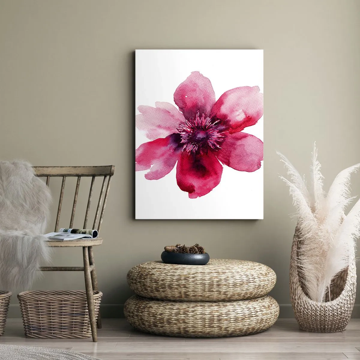 Impression sur toile - Image sur toile - Fleur rose dans un style aquarelle sur fond blanc - 50x70cm - Un baiser parfumé au carmin - Décoration murale moderne pour le salon et la chambre ARTTOR