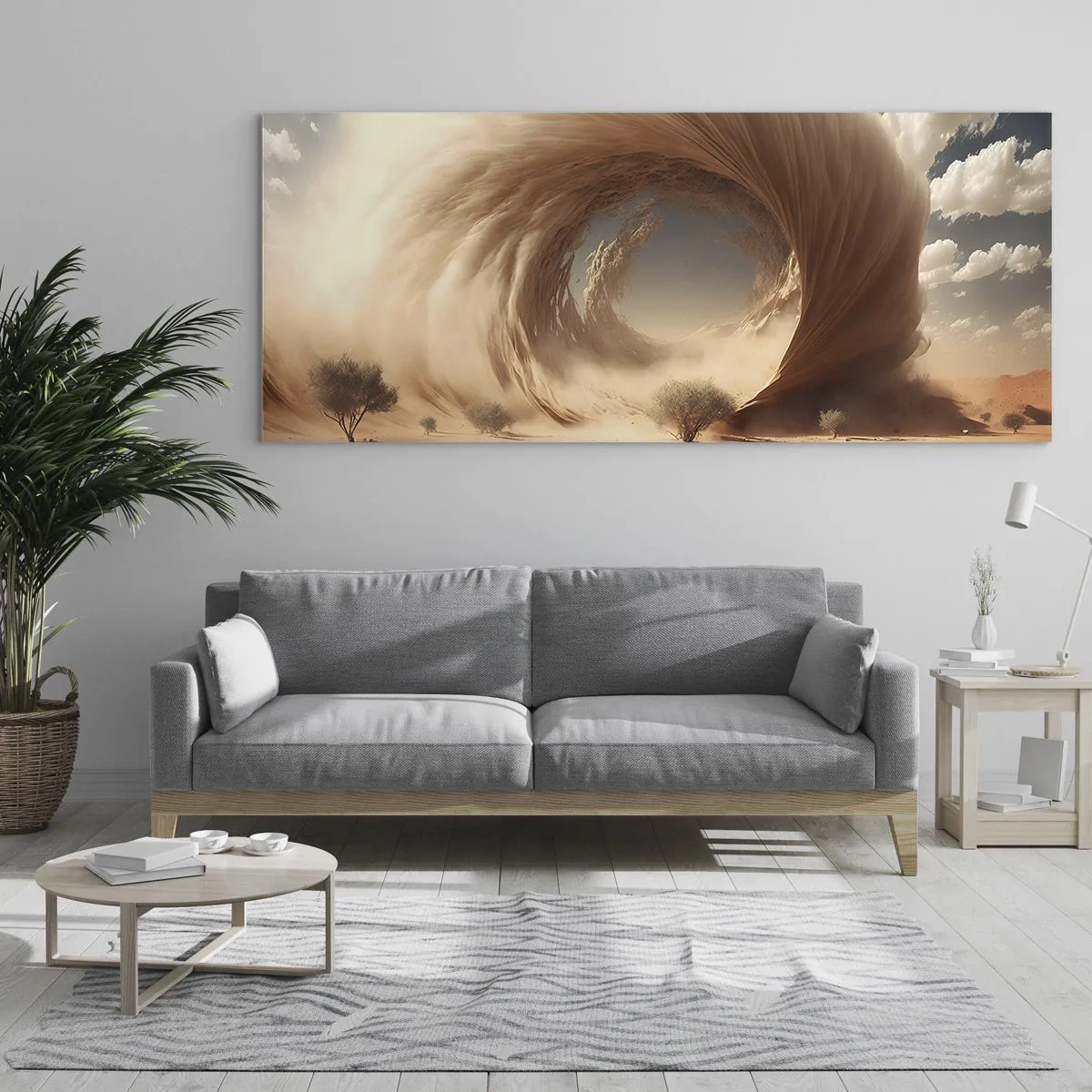 Impression sur verre - Image sur verre - Tourbillon de sable dynamique dans un désert avec des arbres - 140x50cm - Portail ouvert - Décoration murale moderne pour le salon et la chambre ARTTOR