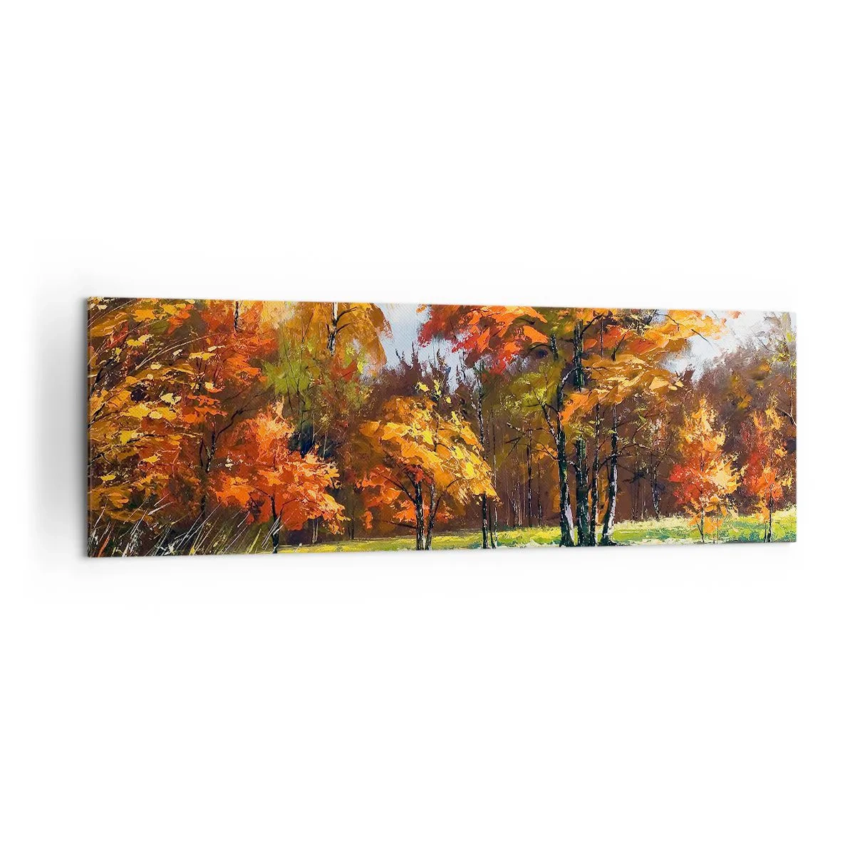 Impression sur toile - Image sur toile - Paysage d'automne avec des arbres colorés et un étang - 160x50cm - Paysage en or et bronze - Décoration murale moderne pour le salon et la chambre ARTTOR