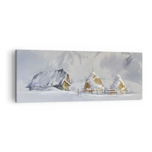 Impression sur toile - Image sur toile - Paysage d'hiver avec un chalet et des meules de foin dans les montagnes - 140x50cm - Dans une vallée enneigée - Décoration murale moderne pour le salon et la chambre ARTTOR