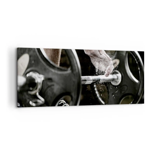 Impression sur toile - Image sur toile - Des haltères et les mains d'un athlète se préparant à l'entraînement - 120x50cm - Défi accepté! - Décoration murale moderne pour le salon et la chambre ARTTOR