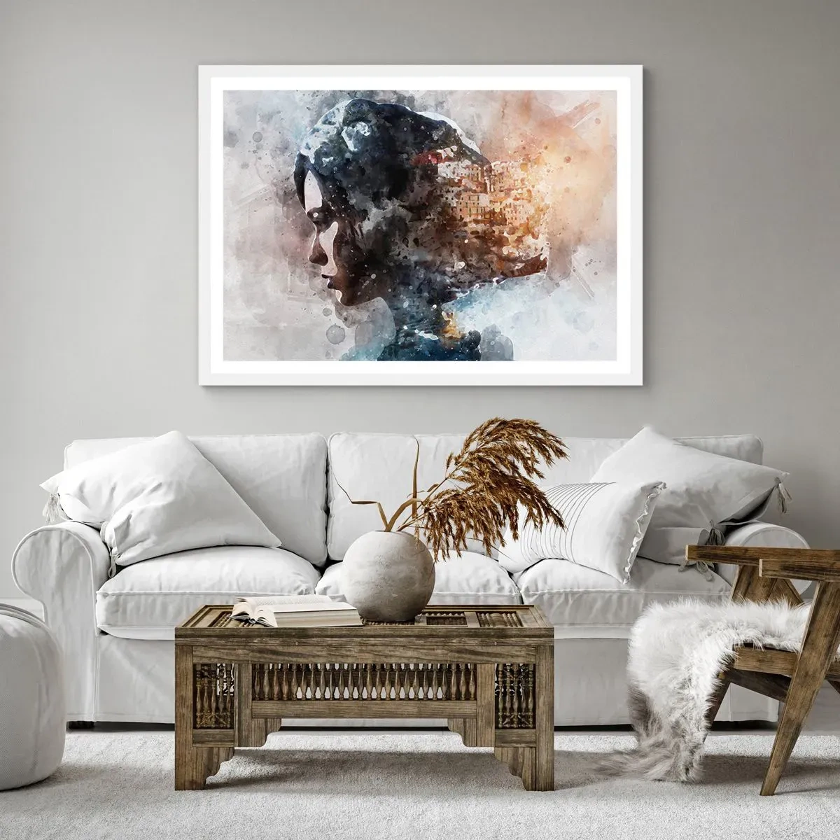 Affiche dans un cadre blanc - Poster - L'histoire d'une fille avec une ville en arrière-plan - 50x40 cm