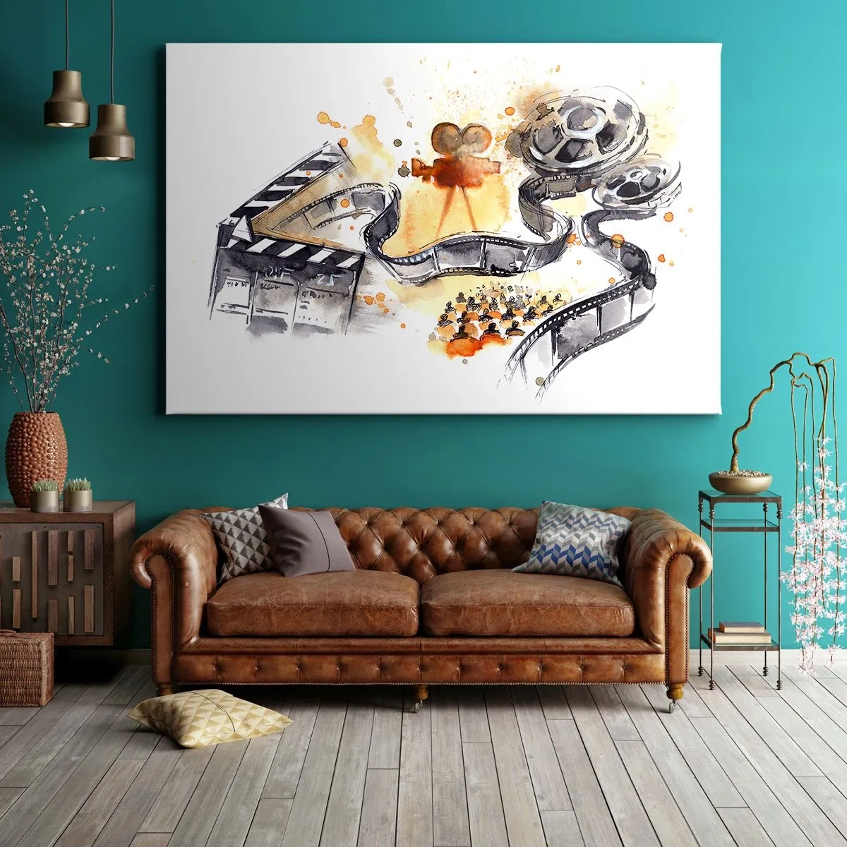 Impression sur toile - Image sur toile - Le symbolisme du cinéma avec une pellicule dans une aquarelle artistique - 70x50cm - Au pays des rêves - Décoration murale moderne pour le salon et la chambre ARTTOR
