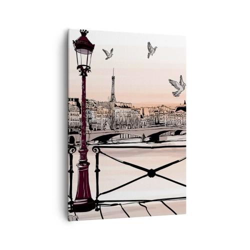 Impression sur toile - Image sur toile - Vue parisienne avec une lanterne et un pont - 70x100cm - Sur les toits de Paris - Décoration murale moderne pour le salon et la chambre ARTTOR