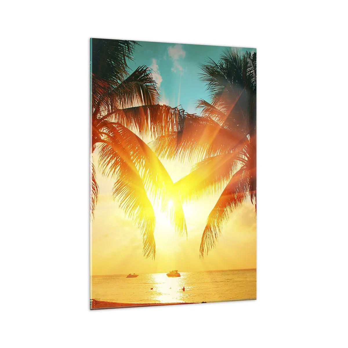 Impression sur verre - Image sur verre - Palmiers illuminés par la chaude lumière du soleil couchant - 70x100cm - Couple exotique - Décoration murale moderne pour le salon et la chambre ARTTOR