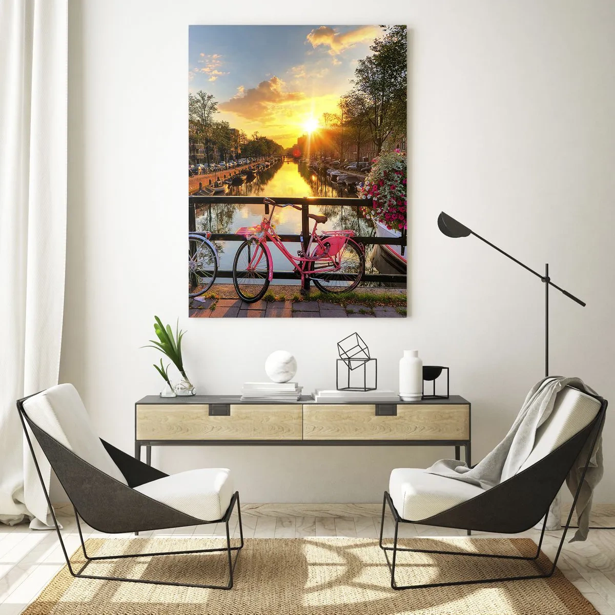 Impression sur verre - Image sur verre - Coucher de soleil sur le canal avec des vélos en arrière-plan - 50x70cm - Matin de printemps à Amsterdam - Décoration murale moderne pour le salon et la chambre ARTTOR
