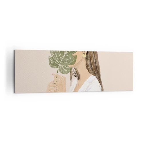 Impression sur toile - Image sur toile - Portrait d'une femme avec une feuille de monstera sur fond beige - 160x50cm - Portrait mystérieux avec un éventail - Décoration murale moderne pour le salon et la chambre ARTTOR