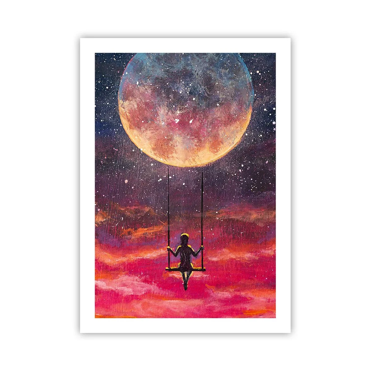 Affiche - Poster - Fille sur une balançoire sous la pleine lune - 50x70cm - Se balancer dans les nuages - Décoration murale moderne pour le salon et la chambre ARTTOR