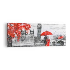 Impression sur toile - Image sur toile - Scène romantique avec Big Ben et un parapluie rouge - 140x50cm - Amoureux de Londres - Décoration murale moderne pour le salon et la chambre ARTTOR