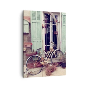 Impression sur toile - Image sur toile - Vélos vintage devant une porte en bois aux volets pastel - 50x70cm - Que la province vive - Décoration murale moderne pour le salon et la chambre ARTTOR