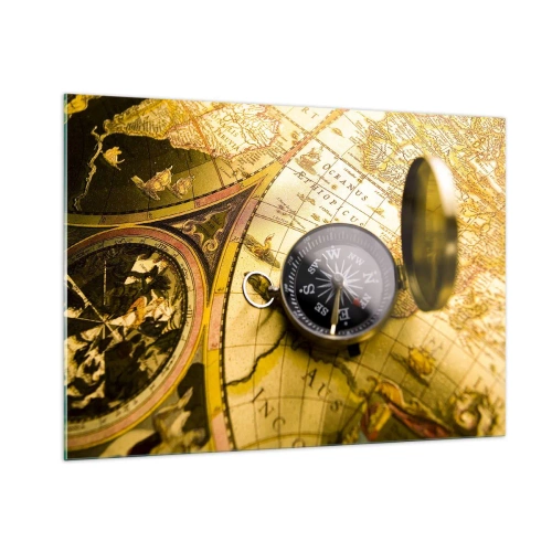 Impression sur verre - Image sur verre - Une carte dorée avec une boussole comme accent d'aventure - 100x70cm - Ou peut-être jusqu'au bout du monde ? - Décoration murale moderne pour le salon et la chambre ARTTOR