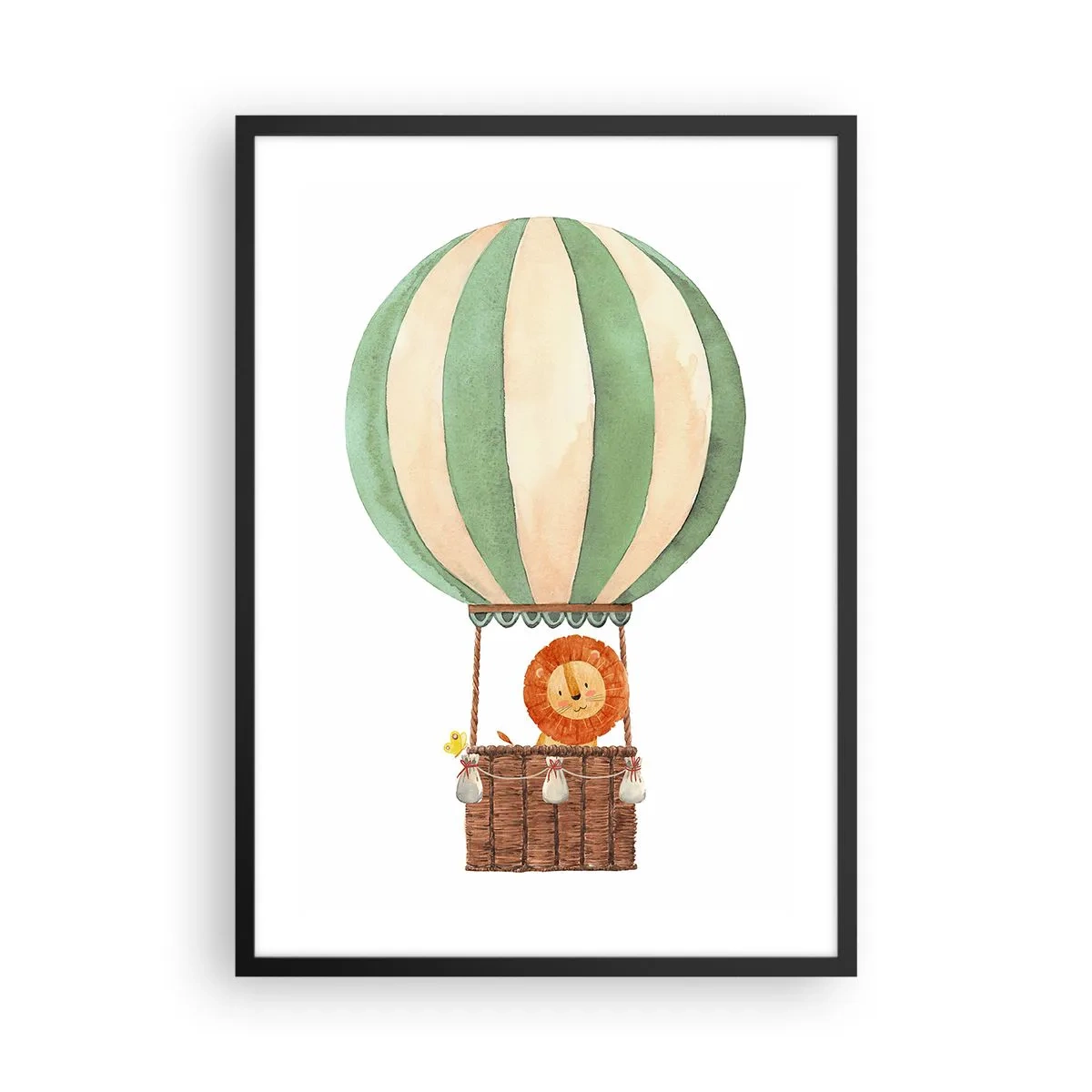 Affiche dans un cadre noir - Poster - Une jolie illustration à l'aquarelle d'un lion voyageant dans une montgolfière sur fond blanc. - 50x70cm - Les voyages de Léon - Décoration murale moderne pour le salon et la chambre ARTTOR
