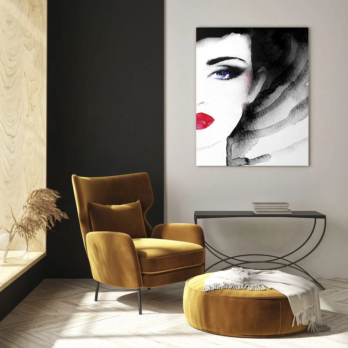 Impression sur verre - Image sur verre - Portrait d'une femme aux lèvres rouges expressives et au chapeau noir - 50x70cm - Elle repousse et attire - Décoration murale moderne pour le salon et la chambre ARTTOR