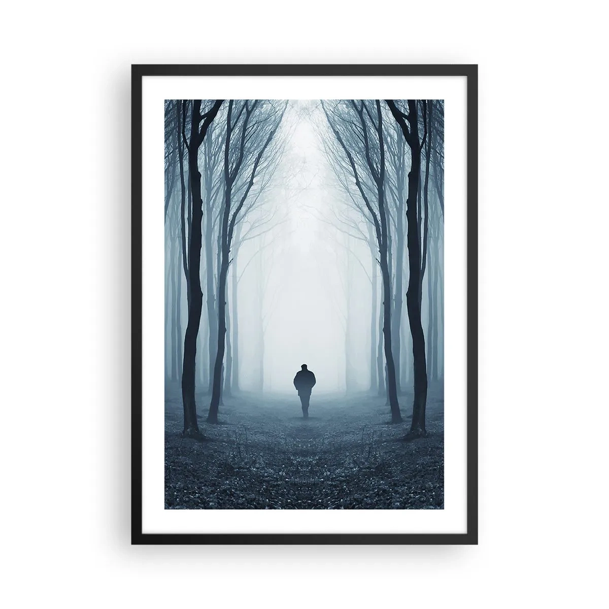Affiche dans un cadre noir - Poster - Un homme dans une forêt brumeuse, entouré d'arbres - 50x70cm - Tout est simple et clair - Décoration murale moderne pour le salon et la chambre ARTTOR